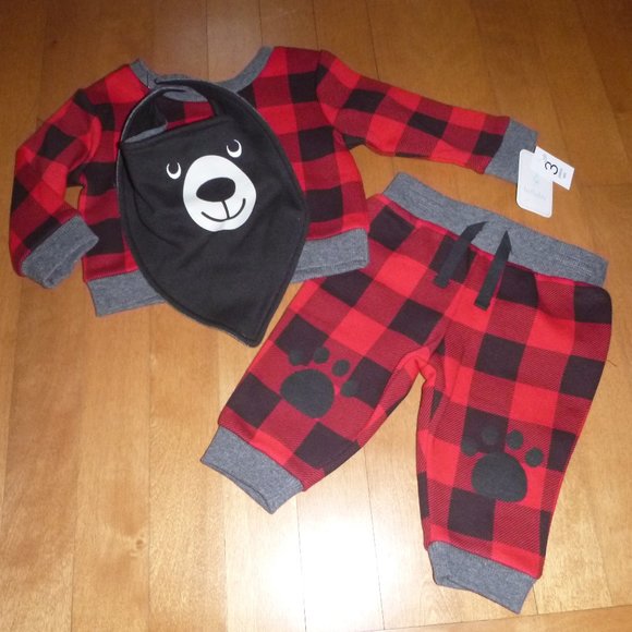 Baby LULLABY Lane BLACK BEAR Buffalo Check Sweatshirt Bib Outfit Size 0/3 mo NWT - Picture 1 of 5